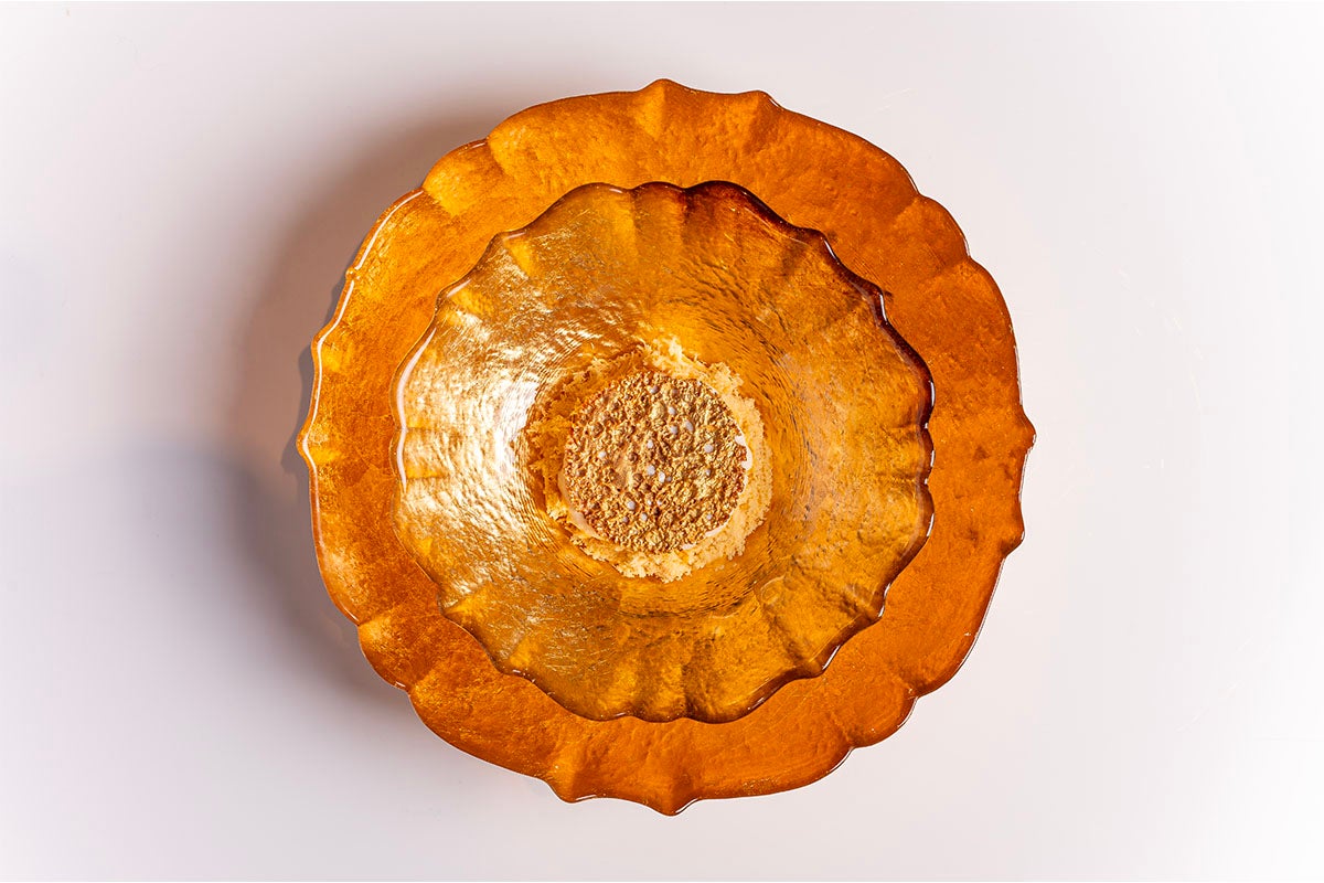 Ghevar al cacao, crémeux di cavolfiore, gelato all'orzo arrostito (Deserto del Thar)