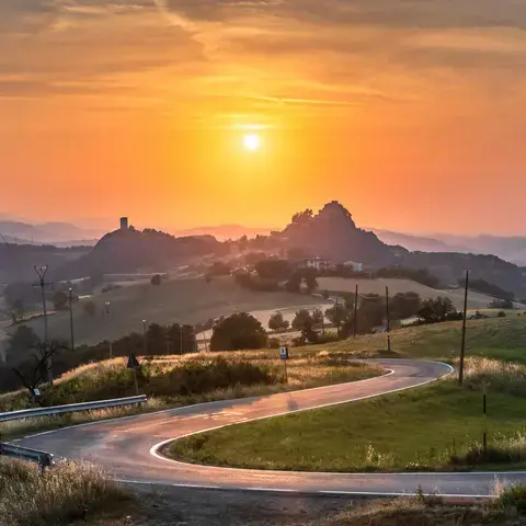 una strada con erba e alberi sul lato con un tramonto sullo sfondo