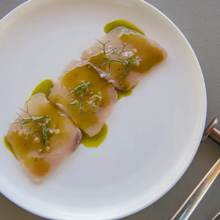 Signum_Carpaccio di ricciola garum di alici olio alle erbe