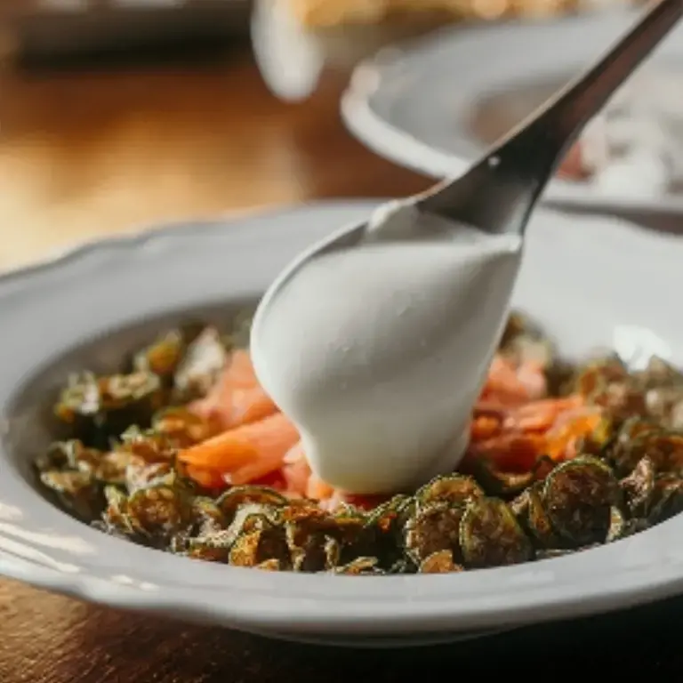Trota affumicata al fieno, zucchine, menta e aceto, panna e cipollotto