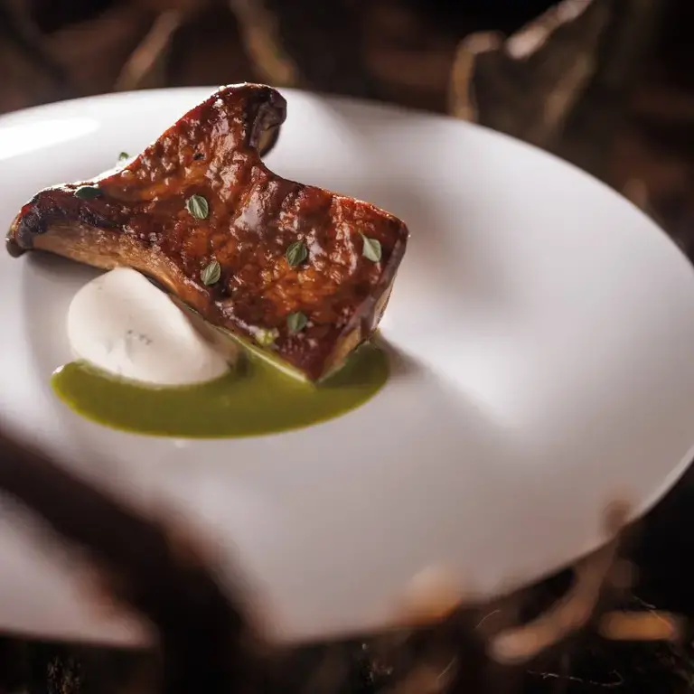 Cardoncello arrosto, fondo di fungo e salsa verde