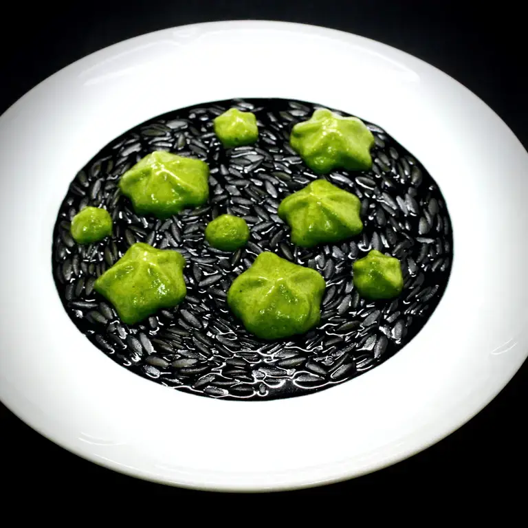 Risone, fondo di mare al nero, prezzemolo e gin oyster