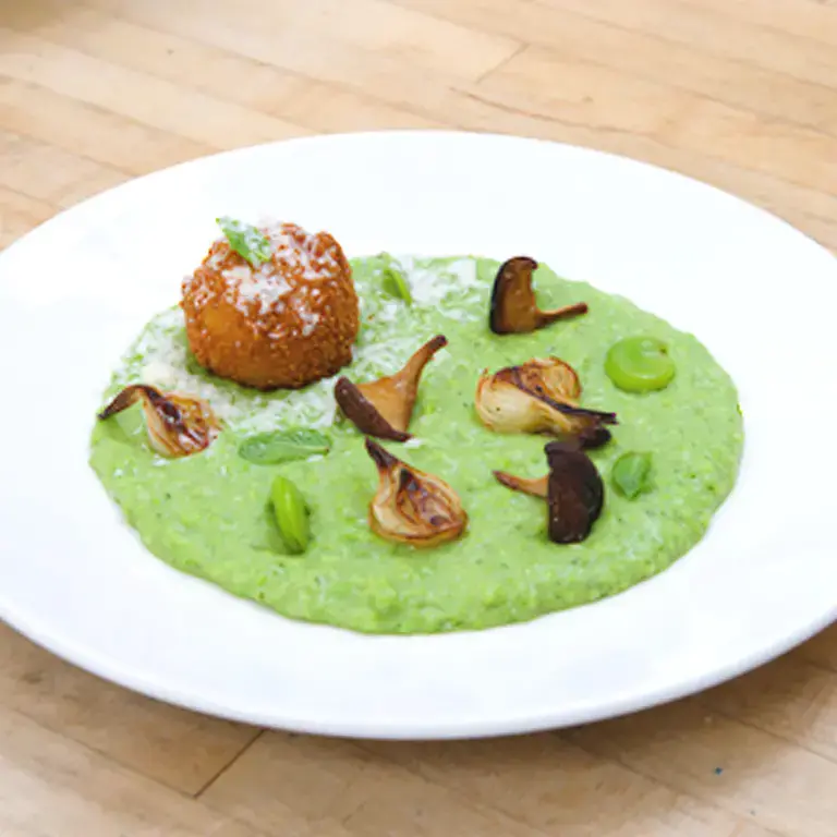 Risotto di fave e Arancini, Cipolline e Spugnole