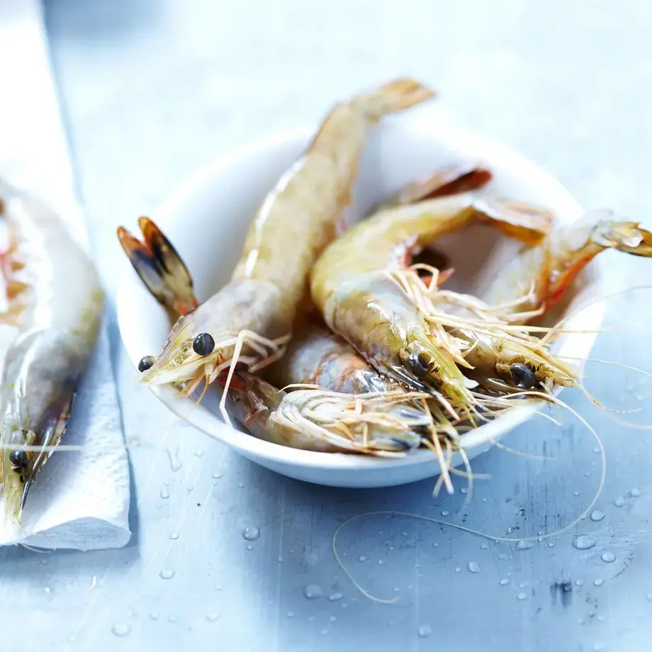 Gamberi crudi in una ciotolina bianca